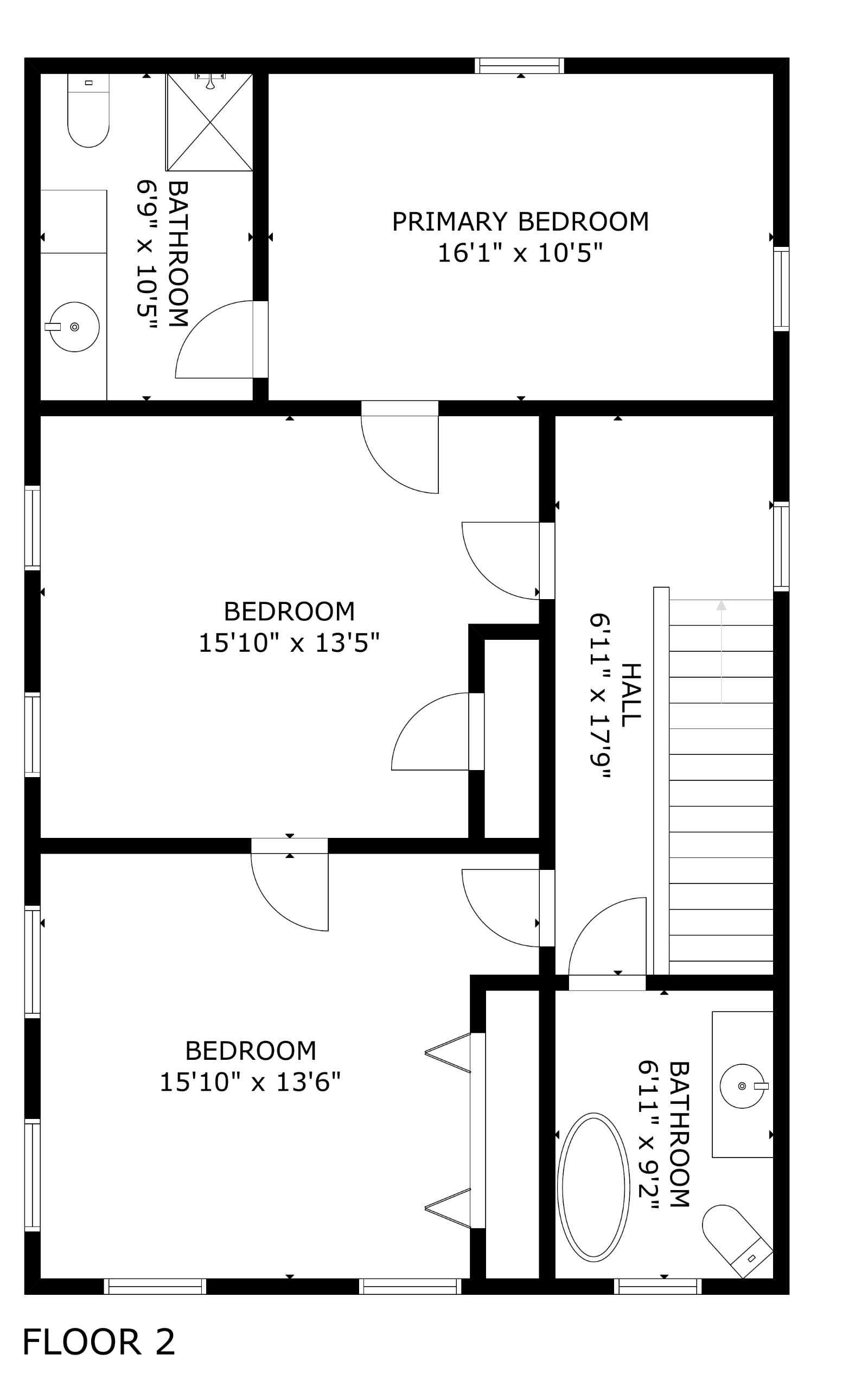 Second floor plan: primary bedroom, two secondary bedrooms, two full bathrooms and the stair hall, with room dimensions